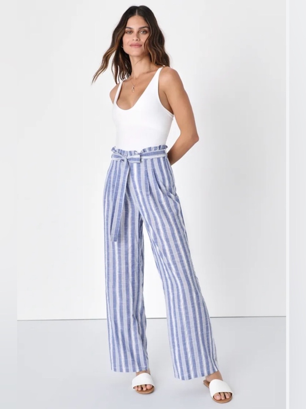 Lulu's Blue & White Striped Wide Leg Paperbag Waist Pants Size XL